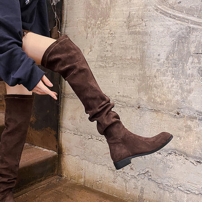 【全现货】！翻毛皮平底过膝长靴女2024新款棕色超长大筒围堆堆靴