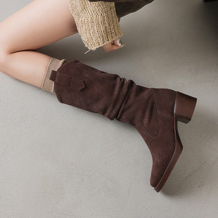 棕色堆堆靴厚底骑士靴女中筒靴子秋冬季高筒翻毛皮加绒长靴小个子