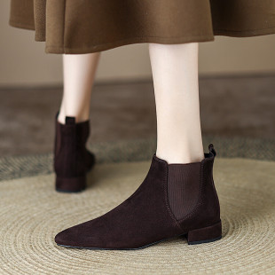 棕色磨砂皮及踝靴鹿皮绒尖头平底切尔西短靴秋冬绒面羊皮洋气女鞋