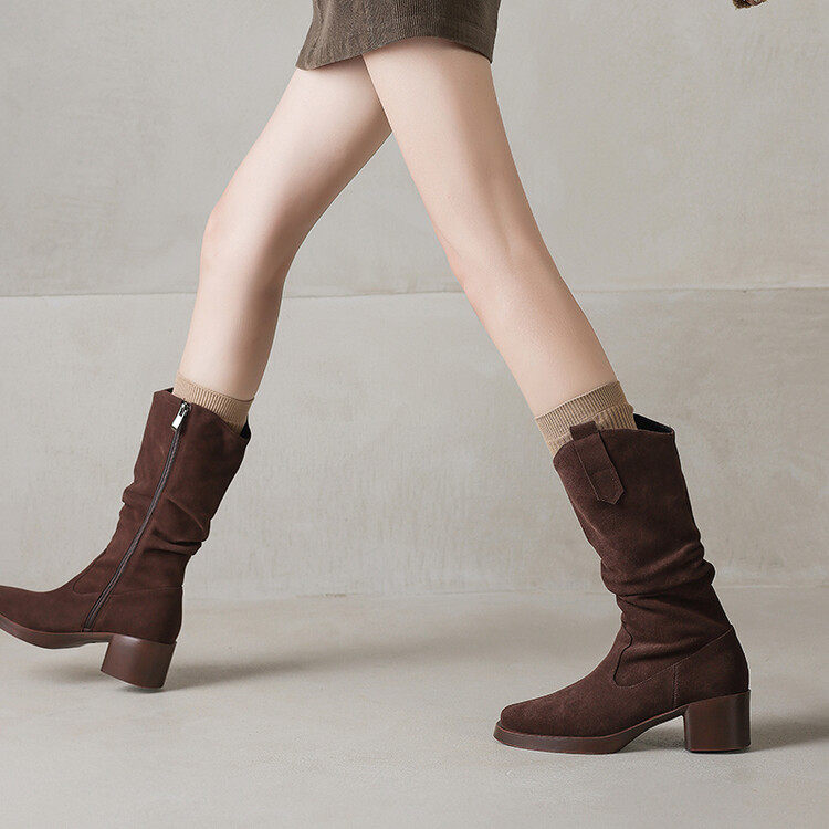 5cm磨砂真皮褶皱堆堆靴女圆头粗跟中筒靴中高跟高筒骑士靴西部靴