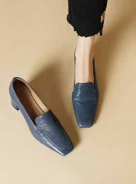 巨好穿深口单鞋女春秋方头中跟粗跟真皮羊皮蓝色设计感小众乐福鞋