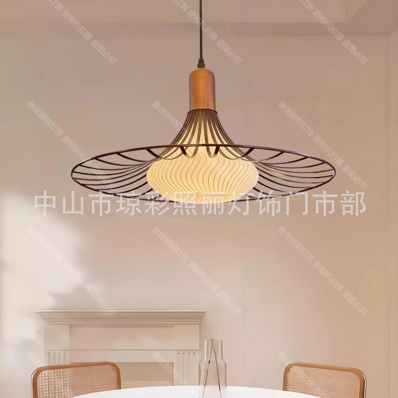 北欧吊灯3D打印铁艺中古风原木餐厅灯具复古主卧室餐桌藤艺球灯