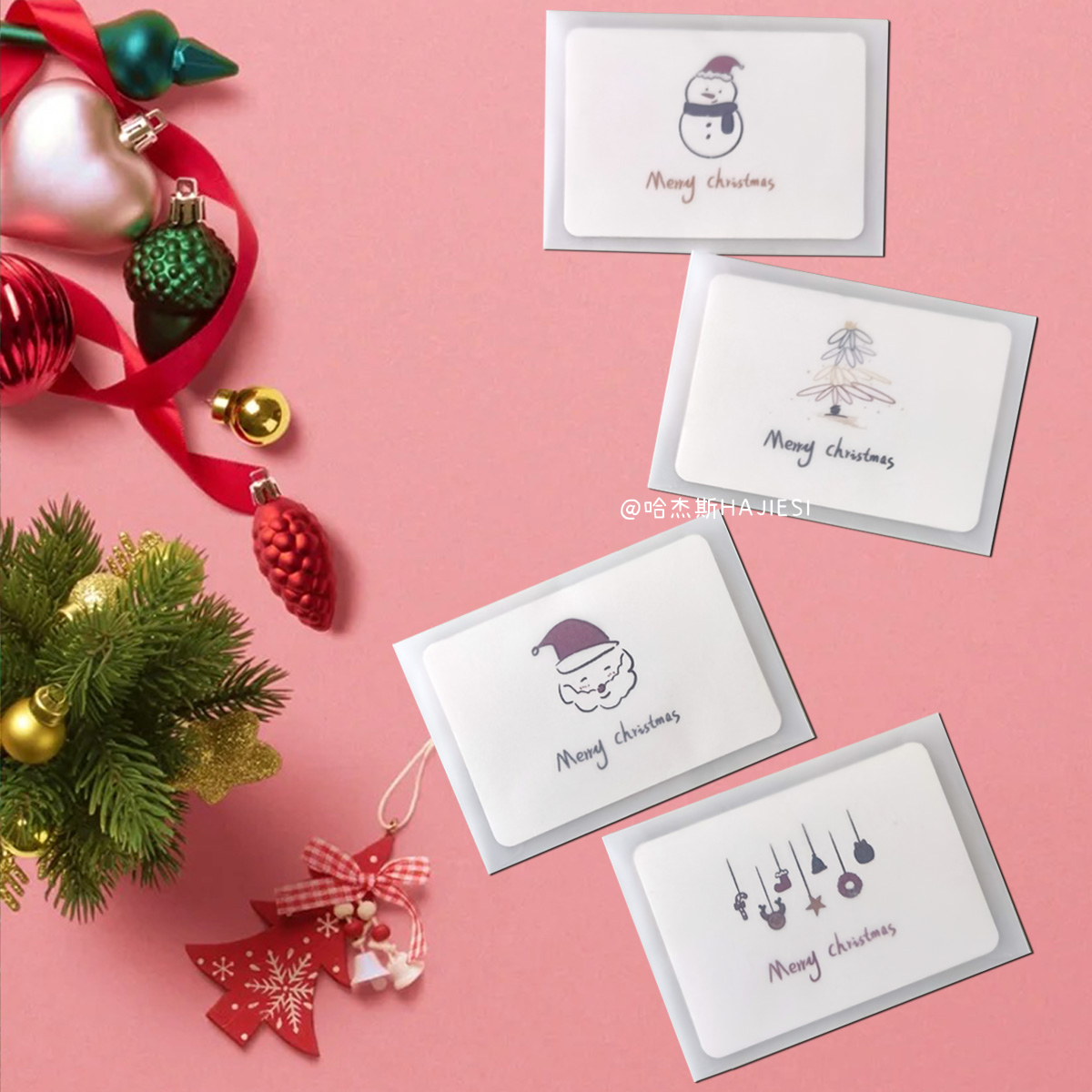 手绘圣诞对折贺卡配硫酸纸信封高颜值极简风手写留言小卡片圣诞节