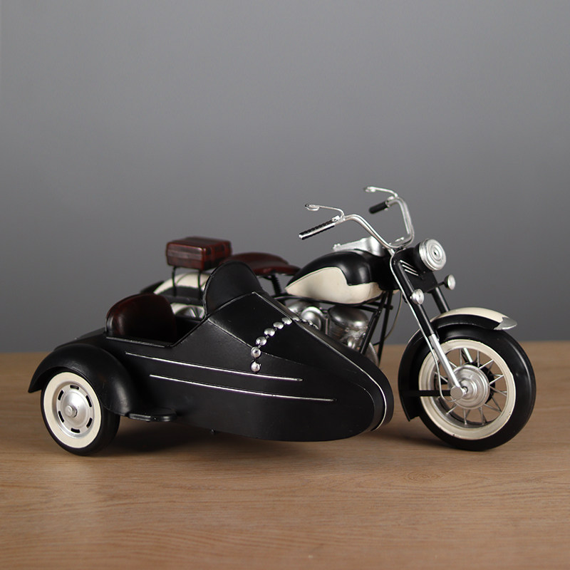 仿真美式跨斗偏三轮摩托车手工铁艺复古侉子橱窗收藏装饰摆件礼物