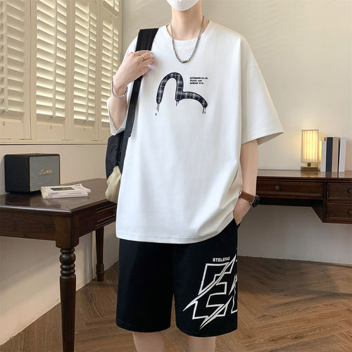 夏季休闲男生格子印花潮流套装初高中生休闲运动百搭个性两件套