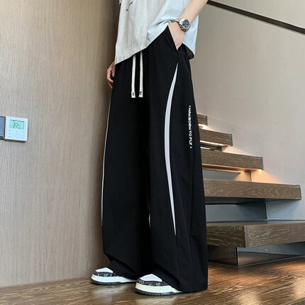 夏季重磅款青少年冰丝港风休闲裤时尚撞色条纹设计垂感轻薄长裤