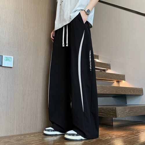 夏季重磅款青少年冰丝港风休闲裤时尚撞色条纹设计垂感轻薄长裤