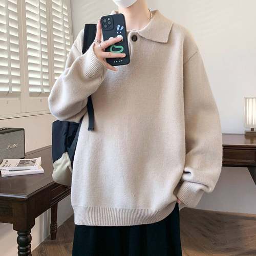 秋冬新款青少年韩版翻领针织衫纽扣设计潮流百搭男生舒适保暖毛衣