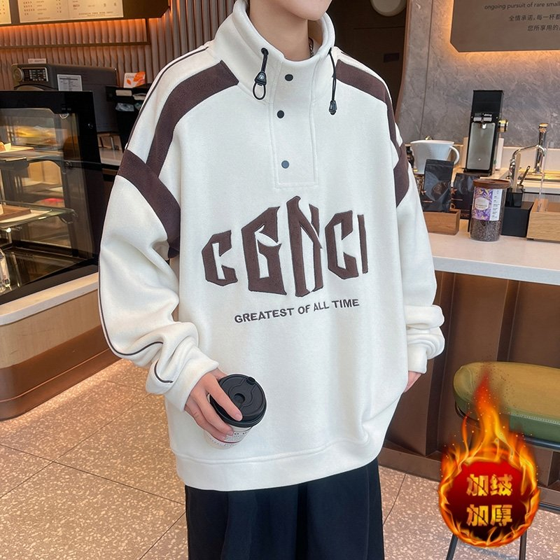 秋冬新款字母印花立领卫衣男加绒加厚撞色拼接保暖打底衫潮流