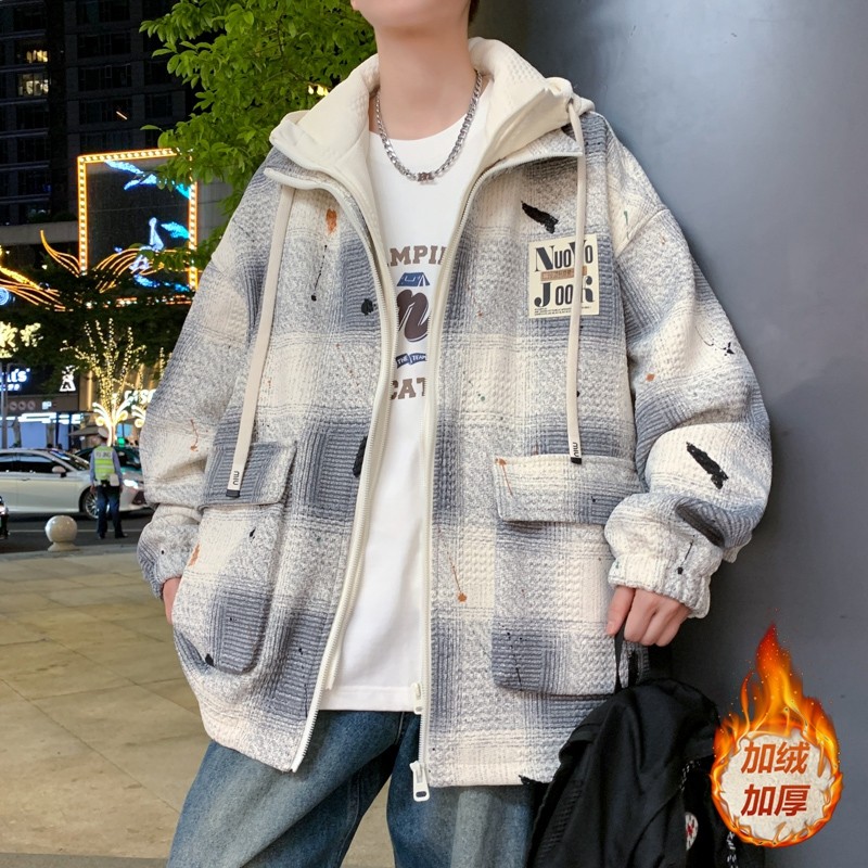 秋冬重磅新款青少年加绒加厚时尚格子夹克撞色个性男生百搭外套,男装,夹克,淘宝优惠券,粉丝福利购,淘宝优惠卷