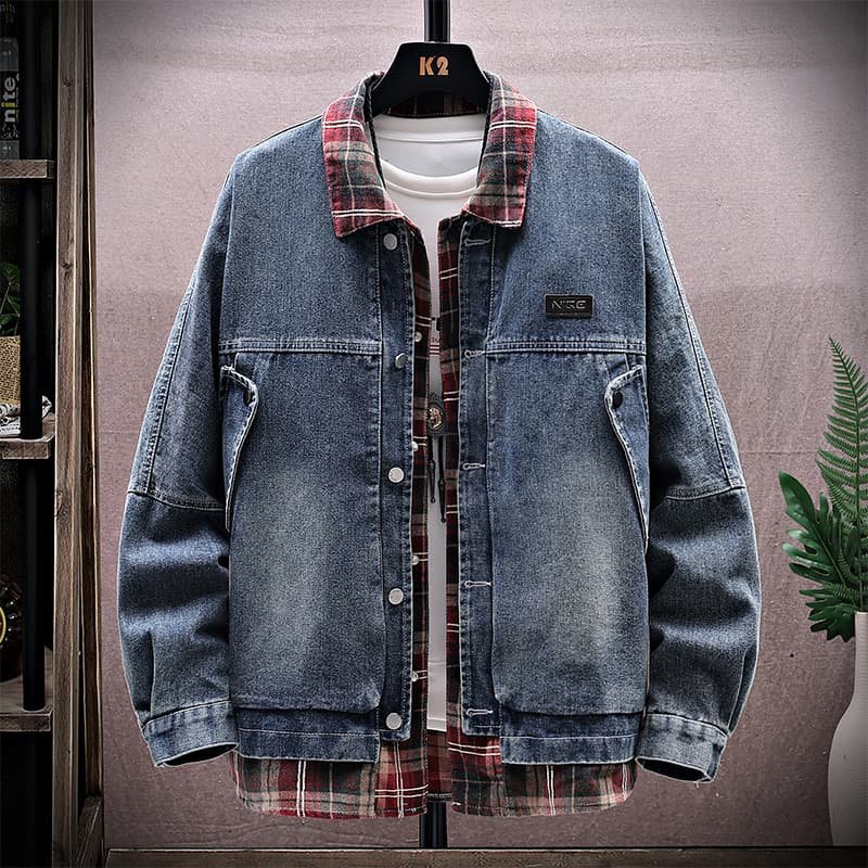 2025春季新款假两件复古翻领牛仔外套男潮流痞帅宽松百搭款上衣服,男装,牛仔外套,淘宝优惠券,粉丝福利购,淘宝优惠卷