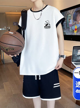 夏季撞色圆领运动套装男生宽松透气卡通印花初高中生学生两件套