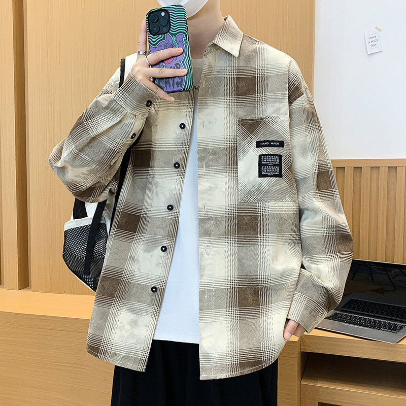 2025青少年早秋新款格子翻领衬衫潮流撞色男生百搭款宽松舒适上衣
