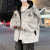 春季 港风青少年2026时尚 连帽夹克字母印花设计男生拼色条纹外套