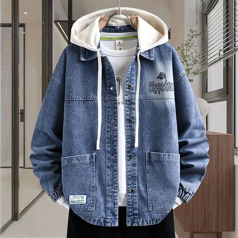 秋季青少年穿搭新款高品质印花牛仔外套可脱卸帽个性有型百搭夹克