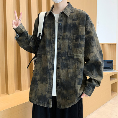 潮牌青少年春秋新款时尚工装牛仔外套晕染印花潮流百搭男生外套