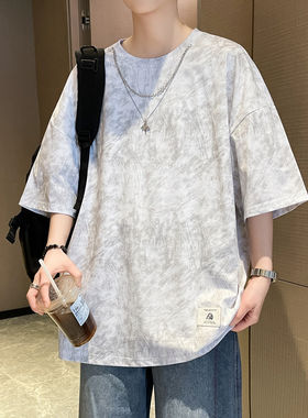 夏季港风上新青少年渐变纹理圆领短袖时尚项链点缀设计男生T恤
