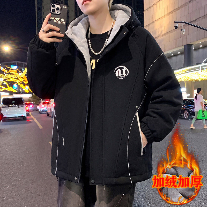 秋冬新款青少年工装风加绒加厚连帽外套潮流时尚百搭保暖男生夹克