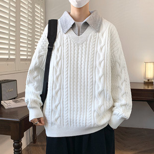 冬季穿搭学院风翻领假两件麻花纹针织毛衣舒适保暖男生百搭打底衫