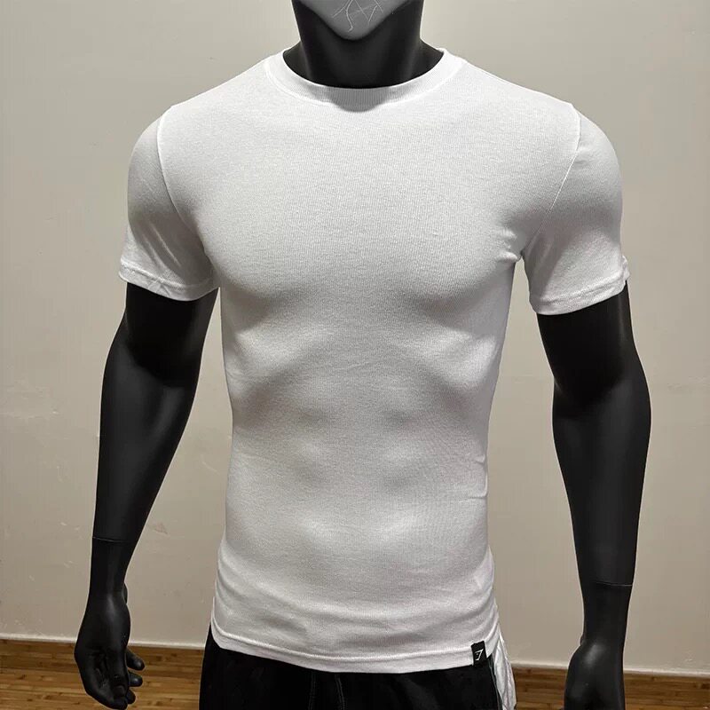 GYMSHARK RIBBON螺纹紧身短袖男士舒适棉质训练衣高弹健身t恤L2