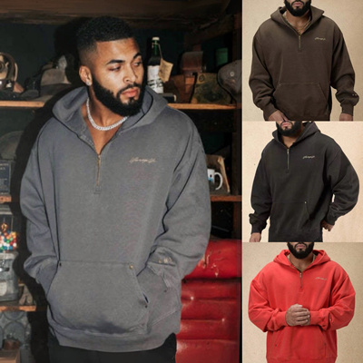 美国YoungLA半拉链卫衣男美式重磅水洗纯棉毛圈运动宽松连帽外套