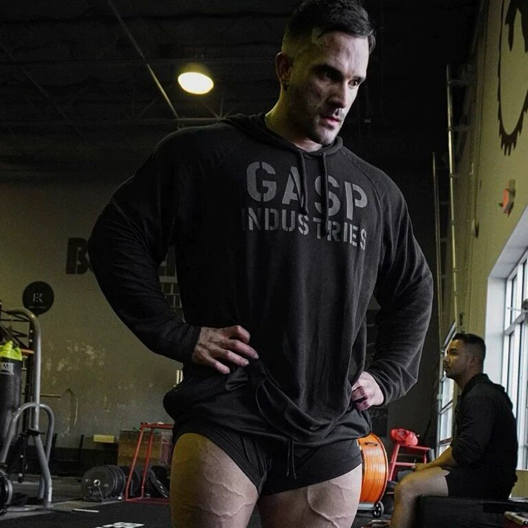 GASP华夫格美式健身训练帽衫卫衣男士宽松抽绳运动长袖连帽套头衫