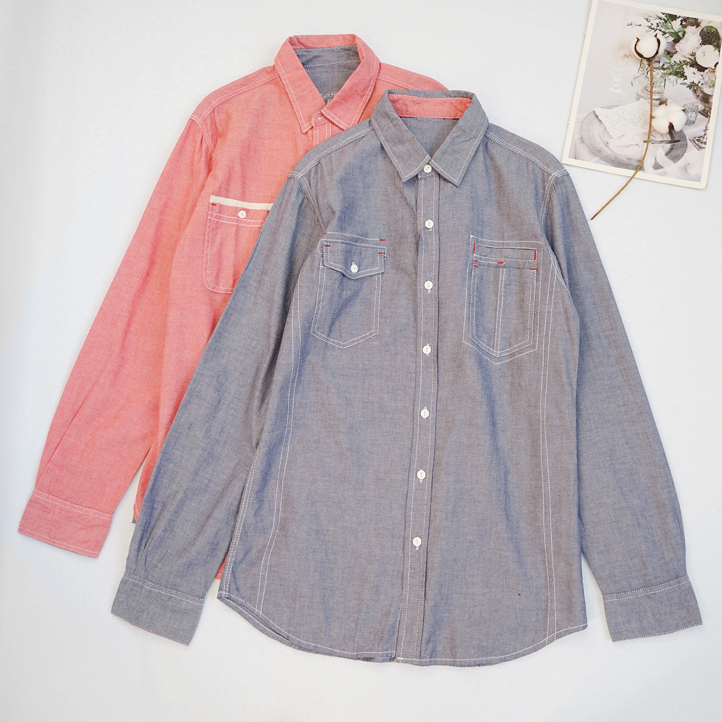 纯棉男士衬衫长袖牛仔色休闲衬衣