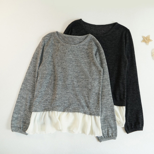 文艺1681 女装 棉绒拼接日系小清新秋冬加厚宽松针织长袖 T恤打底衫