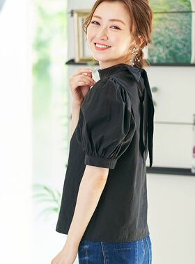 五分袖纯棉上衣蝴蝶结修身淑女