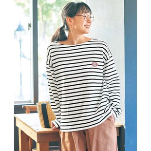 条纹衫 T恤秋季 休闲上衣通勤百搭T398 女士宽松纯棉长袖 日系新款