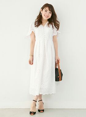 精致连衣裙高腰长裙日系短袖女士纯色公主裙礼服裙Q01白色V领女裙