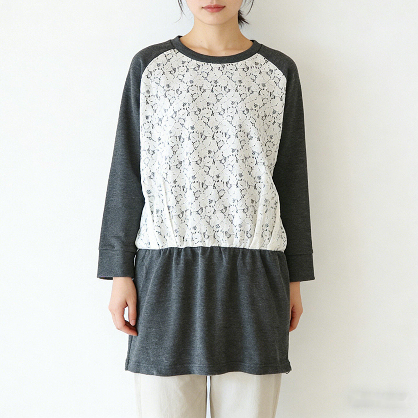 日系女士长袖圆领裙衫蕾丝拼接T恤裙百搭收腰连衣裙春秋上衣1383