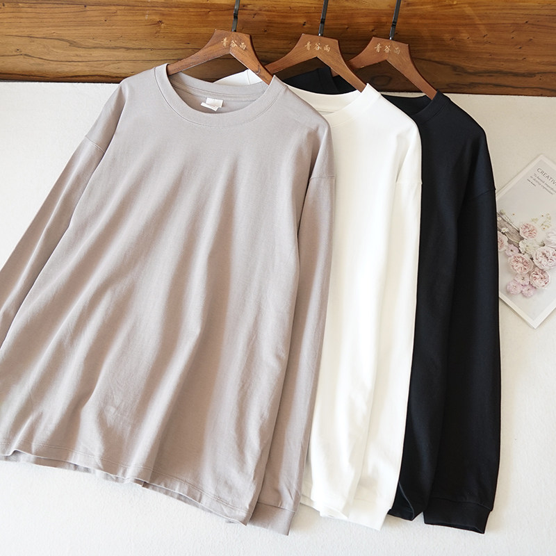 m码日系男士纯棉t恤新款圆领长袖宽松休闲百搭套纯色打底t133