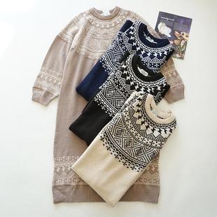 日系女士毛衣裙长袖 针织连衣裙秋冬女裙长裙圆领套头宽松裙子Q60