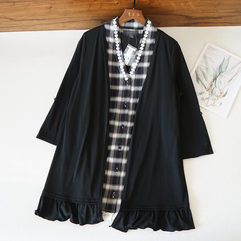 日系女士七分袖中长款格子拼接t恤黑色防晒上衣t066大码显瘦d22