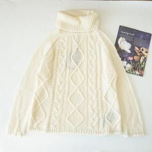 宽松扭花套头麻花慵懒风M71 针织衫 女士秋冬季 米白色高领毛衣长袖