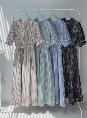 日系女士连衣裙夏季新款纯棉竖条纹裙子V领短袖五分袖长裙女裙Q26