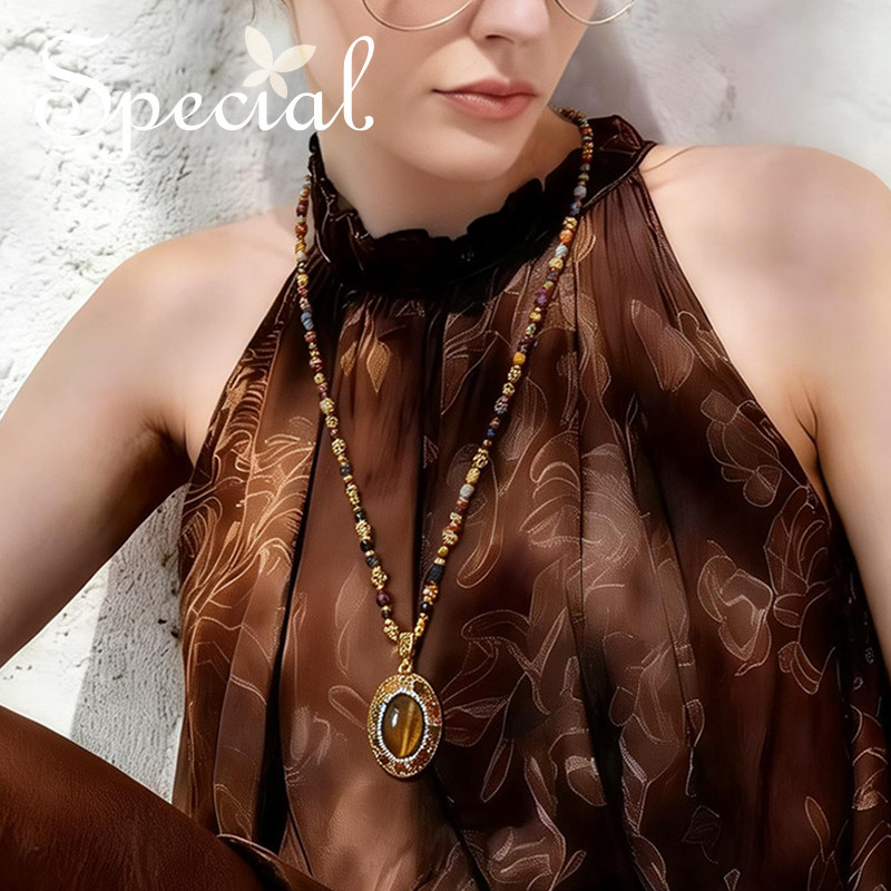 SPECIAL轻奢毛衣链女美拉德色重工长款虎眼石碧玺项链2026年新款