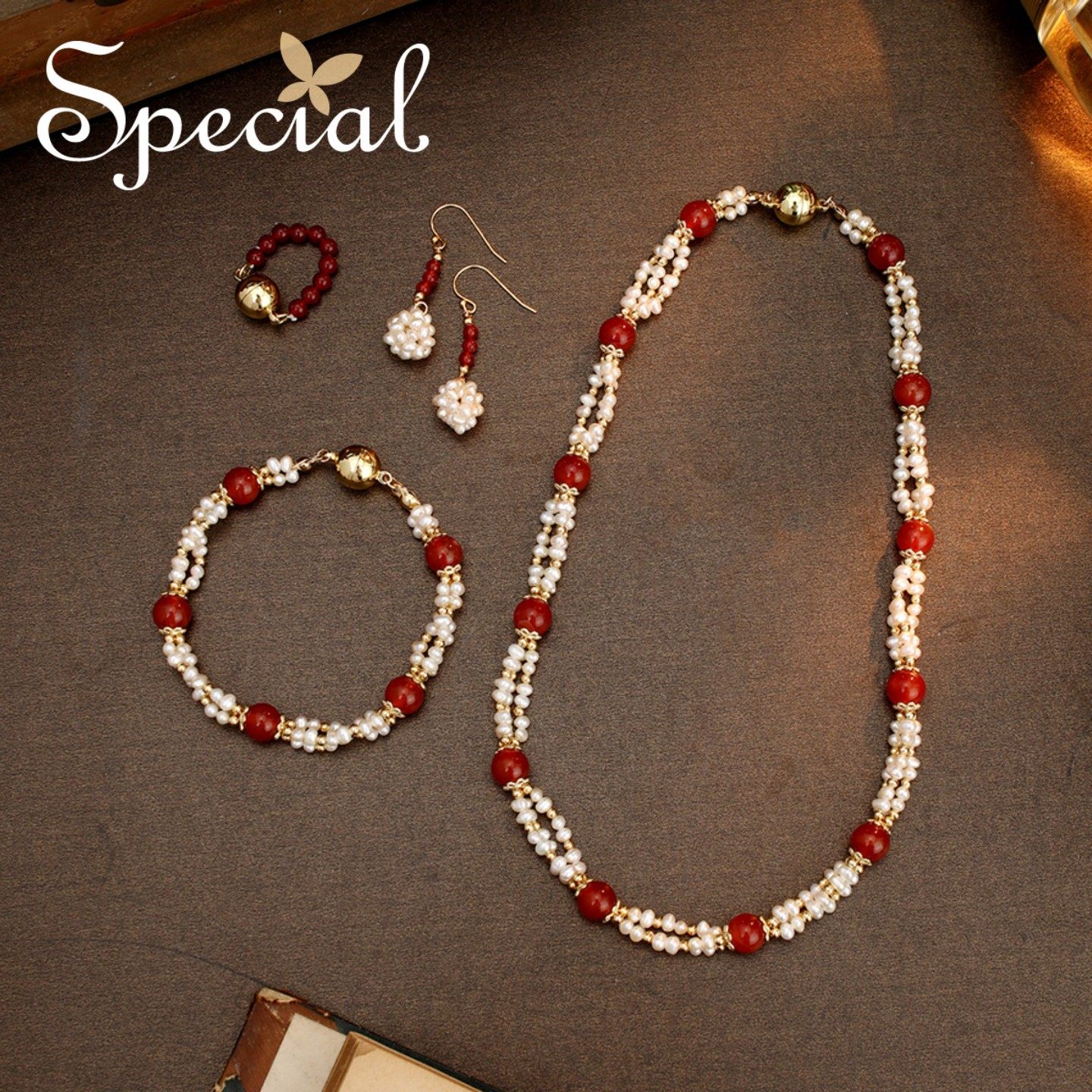 SPECIAL淡水珍珠项链颈联玛瑙手链耳钉女轻奢套装配饰2026年新款
