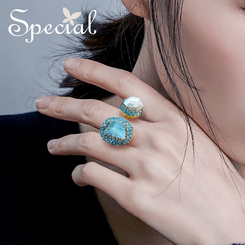SPECIAL女款海蓝宝淡水珍珠戒指