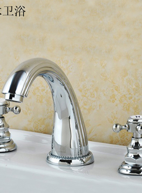 黄铜三孔面盆龙头冷热水台盆洗脸盆洗手盆浴室柜分体8寸台下盆