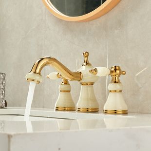 铜精致欧式玉石三孔水龙头欧式洗手间卫生间通用面盆冷热8寸龙头