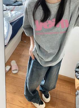 灰色t恤女高级感2025新款爆款夏季纯棉小众体恤短袖正肩宽松上衣