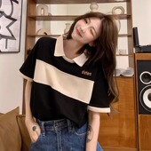 撞色polo领正肩短袖 欧货大码 女装 t恤胖MM韩系chic别致小众上衣服