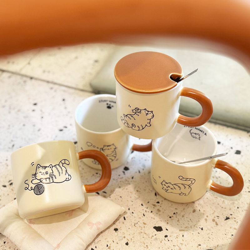呆萌创意手绘猫咪带盖陶瓷马克杯高颜值家用喝水杯子送礼物伴手礼