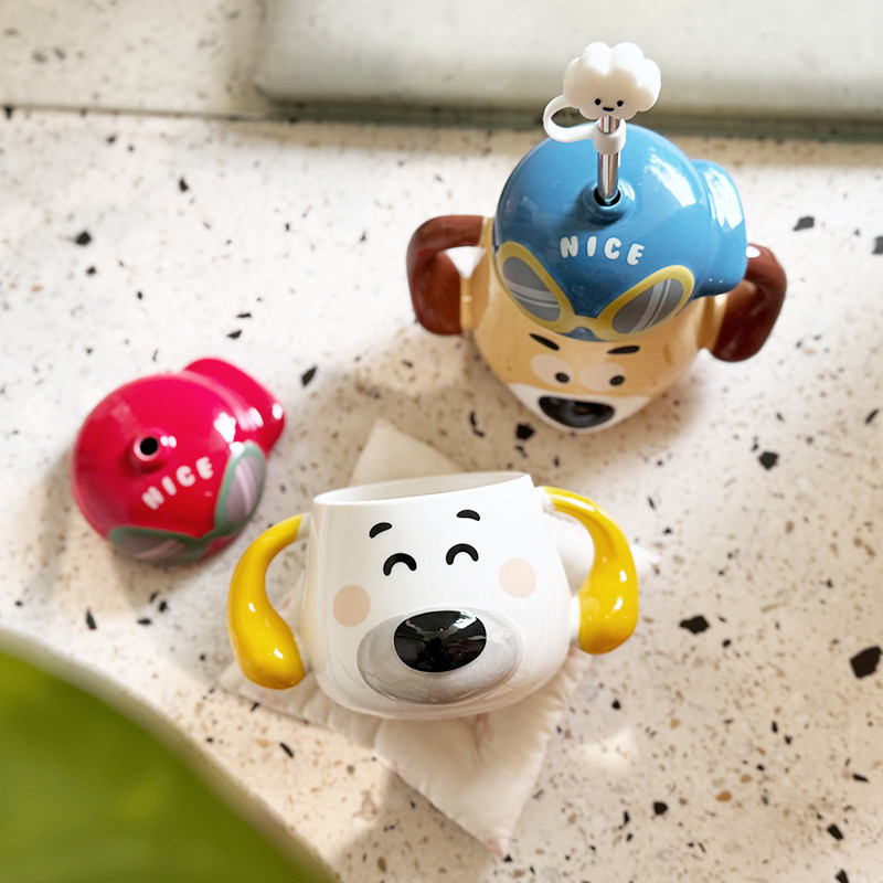 双耳快乐小狗带盖带吸管陶瓷马克杯高颜值可爱卡通家用喝水杯子