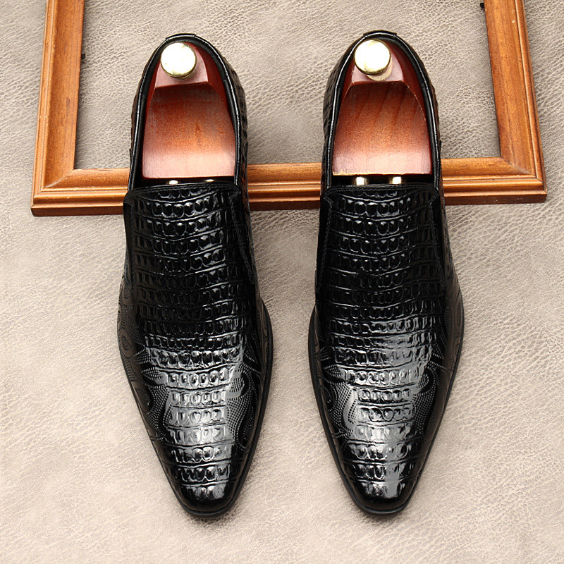 新款欧式尖头商务套脚男鞋英伦风复古鳄鱼纹压花皮鞋潮流时尚单鞋