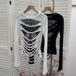 y2k复古辣妹破洞条印花假两件长袖t恤衫 街头风套头上衣体恤衫女