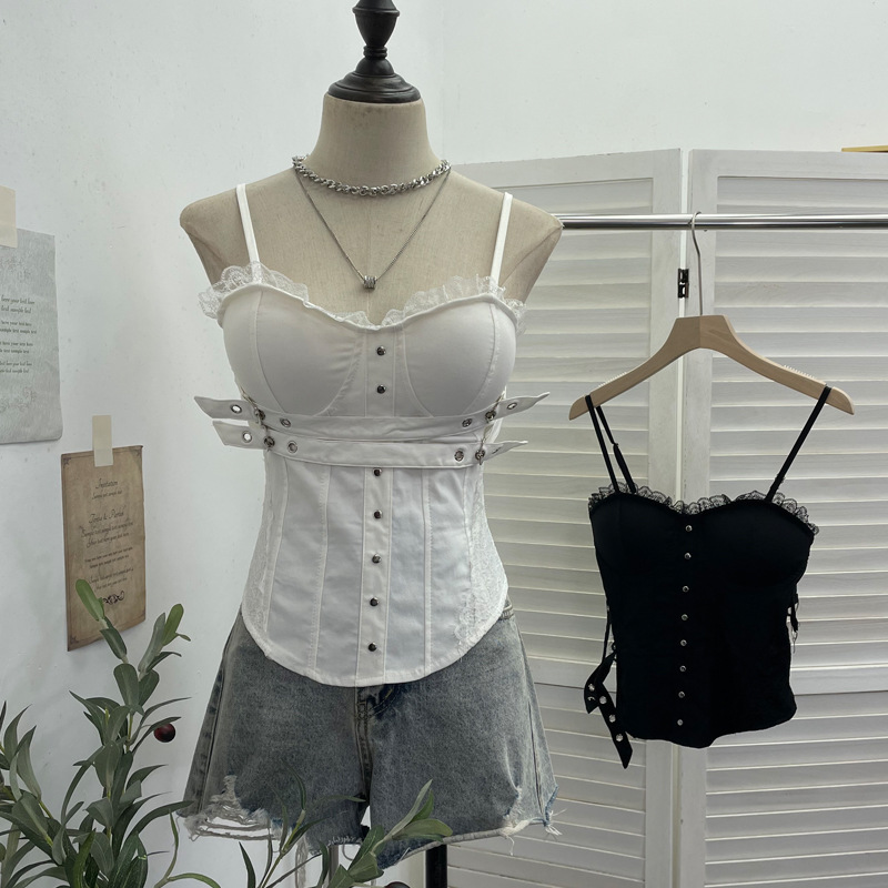 蕾丝拼接排扣带胸垫无袖吊带衫 性感皮带后背拉链露背上衣背心女