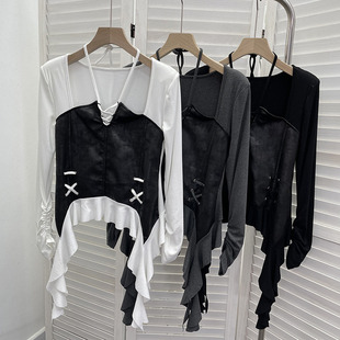 暗黑系方领撞色拼接挂脖系带带垫肩长袖t恤衫 荷叶边不规则上衣女